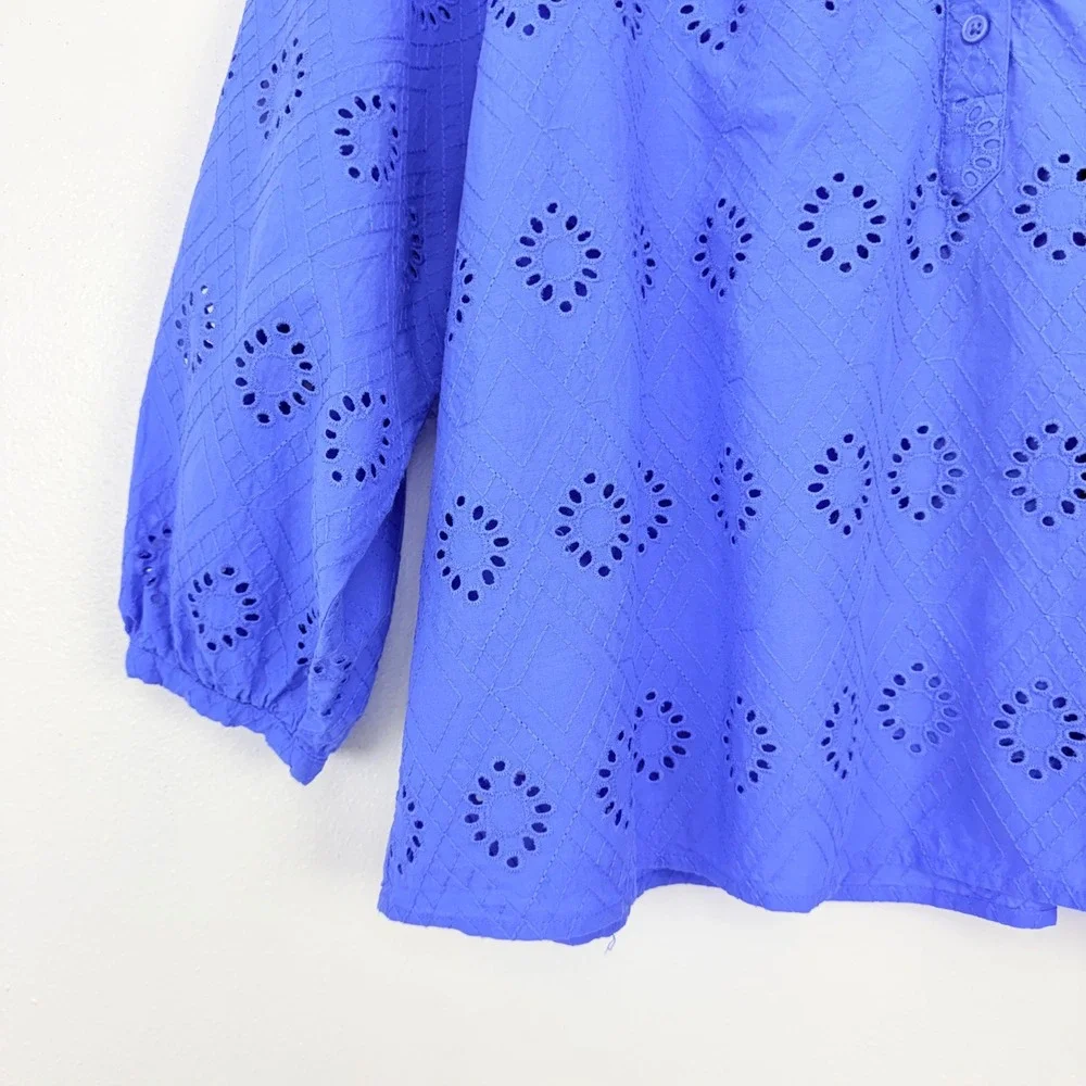 Banana Republic Eyelet Blouse Womens L Blue‎ Henley 3/4 Puff Sleeve Top Cotton
